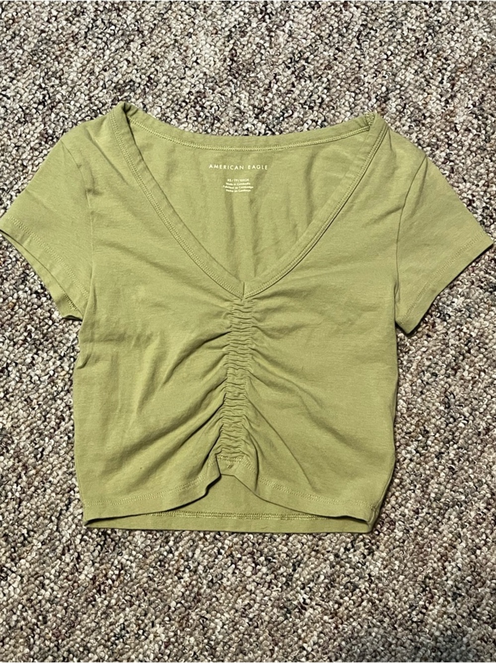 American Eagle Outfitters Cotton Olive Ruched V-Neck Crop Tee